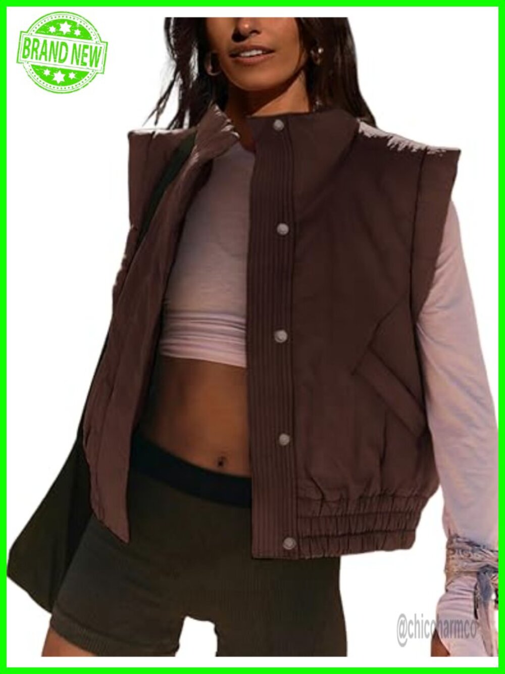 Cropped Quilted Puffer Vest Lightweight Button Down Sleeveless Padded Gilet